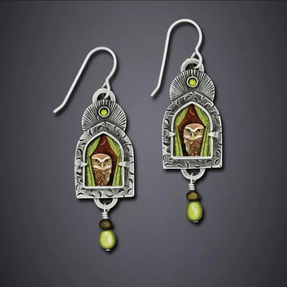 Silver & Green Pearl Owl Drop Earrings NEW olive - Picture 2 of 4